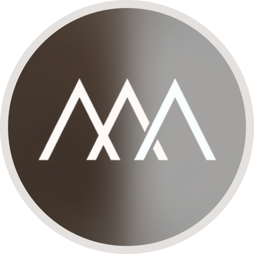 Mountain peaks logo in white on circular gradient background