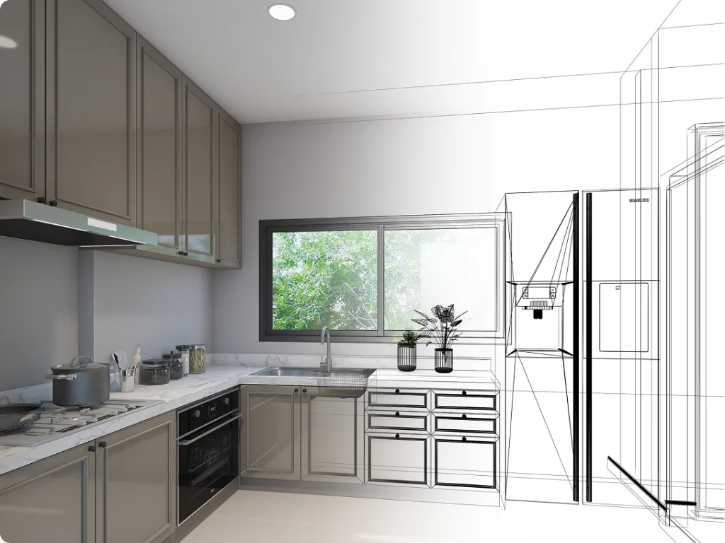 3D rendering of a modern kitchen with gray cabinetry, stainless steel appliances, and wireframe design elements on the right side