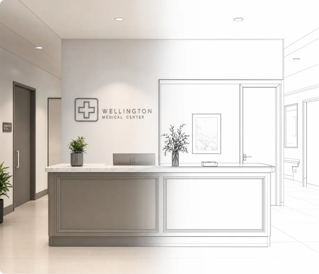 Modern medical facility reception area with Wellington Medical Center signage and front desk