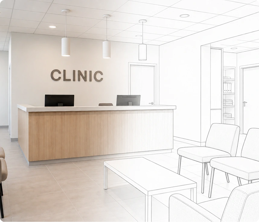 Modern medical clinic reception area with wooden desk, pendant lighting, and waiting chairs