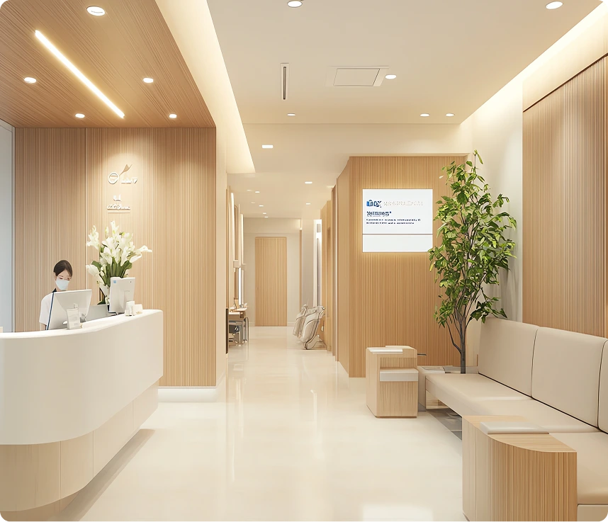Modern medical facility reception area with wood-paneled walls, white curved desk, waiting seating, and green plant