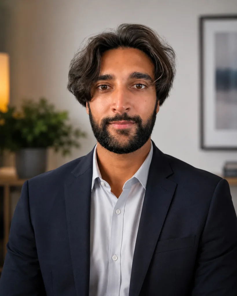Professional headshot of man with dark hair and beard wearing navy blazer and white shirt