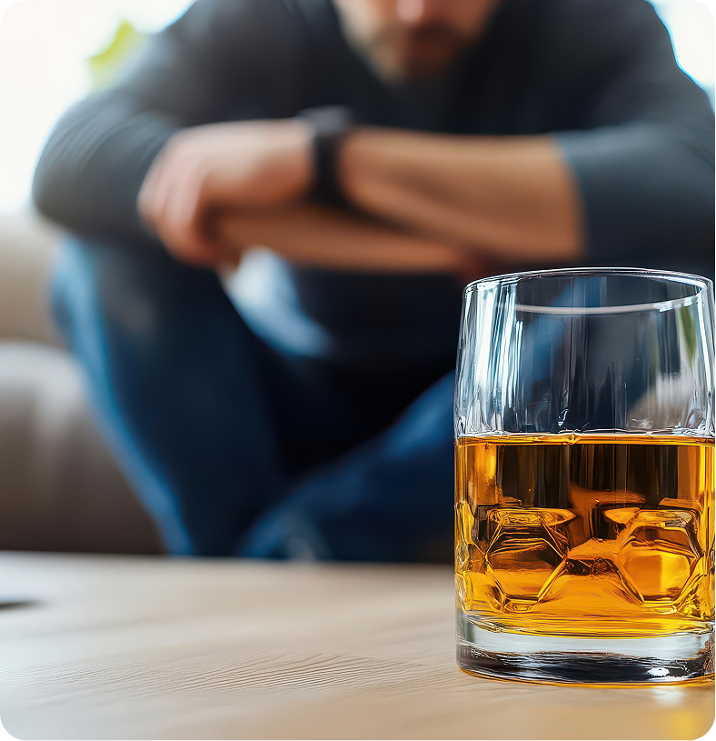 Glass of whiskey with ice on table, blurred person in background