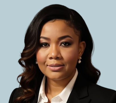 Professional woman in black blazer and white shirt against light blue background