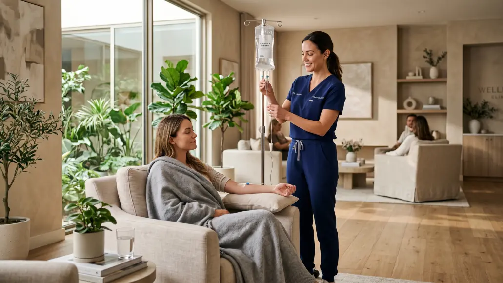 Healthcare provider administering IV hydration to seated patient in modern wellness clinic