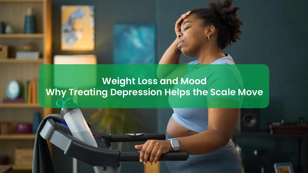Woman using exercise bike with text overlay 'Weight Loss and Mood: Why Treating Depression Helps the Scale Move'