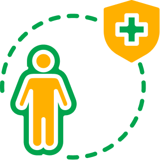 Person figure in yellow and green with a medical shield displaying a plus sign