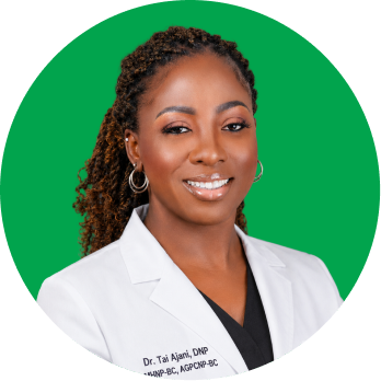 Dr. Tai Ajani, DNP in white coat against green circular background