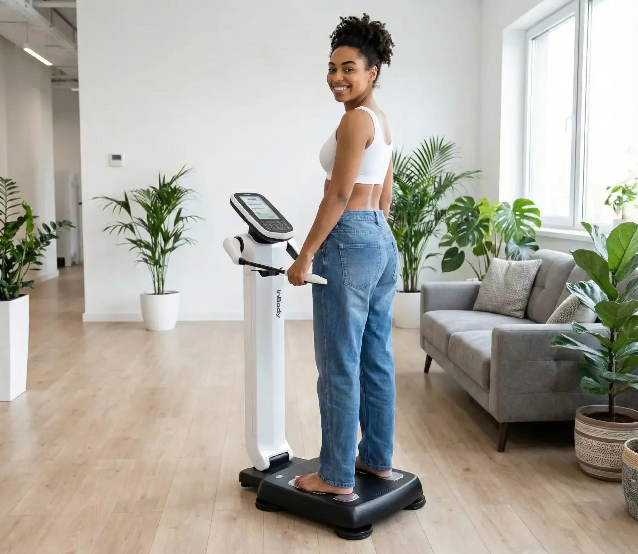 Woman using a body composition scale in a bright home gym surrounded by potted plants