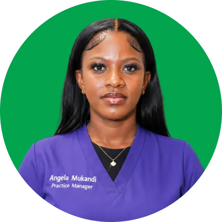 Angela Mukandi, Practice Manager, wearing purple scrubs against a green background