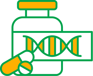 DNA strand with yellow and green coloring inside a laboratory flask with a test tube