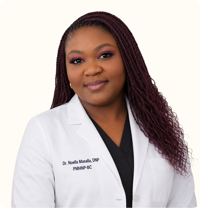 Dr. Noelia Masalla, DNP, PMHNP-BC, smiling in white medical coat against neutral background