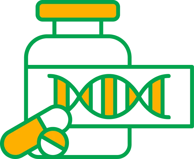 Green and yellow logo featuring a DNA helix in a laboratory beaker with a pipette