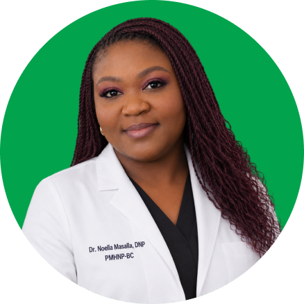 Dr. Noella Masalla, DNP, PMNP-BC, portrait headshot on green background