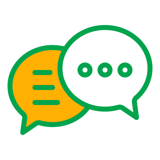 Two overlapping speech bubbles icon in green and gold