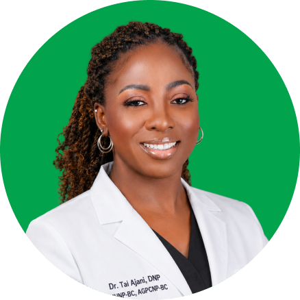 Dr. Tai Ajani, DNP, PMHNP-BC, portrait headshot on green background