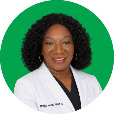 Marilyn Murray, PMNP-BC, portrait headshot on green background