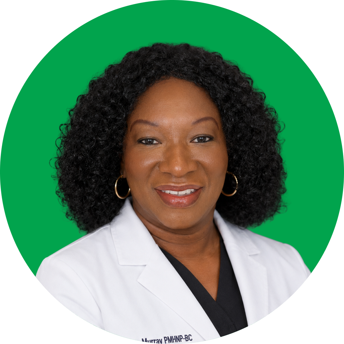 Dr. Murray, PMHNP-BC, mental health provider in white coat
