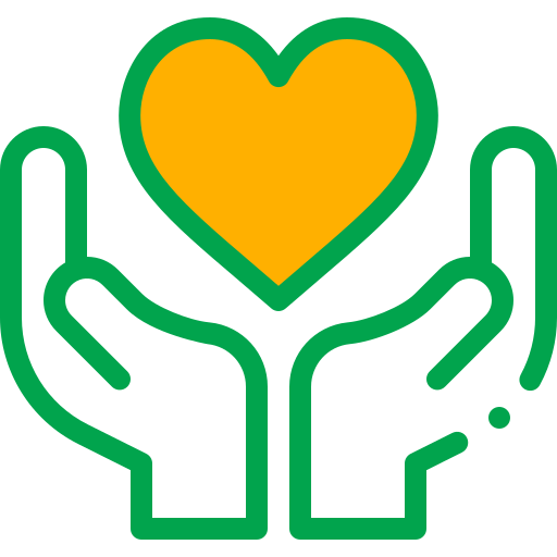 Two green hands holding up a large gold heart