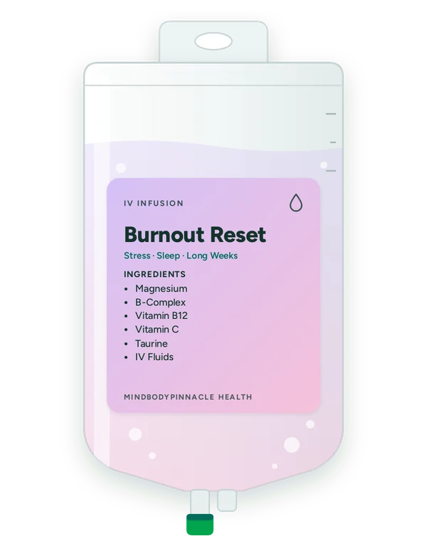 Burnout Reset IV drip bag label listing Magnesium, B-Complex, Vitamin B12, Vitamin C, Taurine, IV Fluids