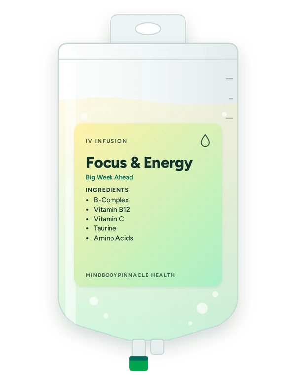 Focus & Energy IV drip bag label listing B-Complex, Vitamin B12, Vitamin C, Taurine, Amino Acids