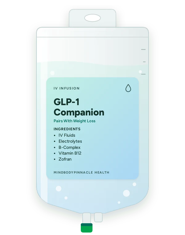 GLP-1 Companion IV drip bag label listing IV Fluids, Electrolytes, B-Complex, Vitamin B12, Zofran