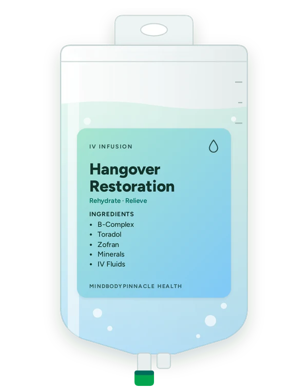Hangover Restoration IV drip bag label listing B-Complex, Toradol, Zofran, Minerals, IV Fluids