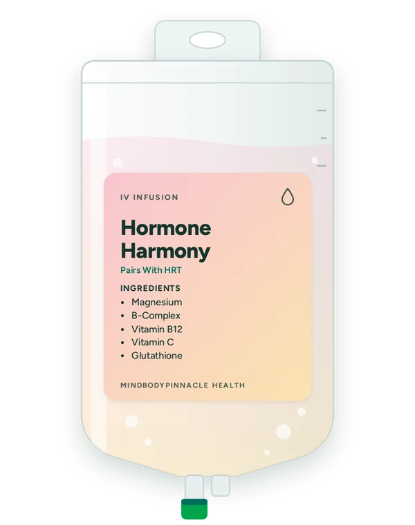 Hormone Harmony IV drip bag label listing Magnesium, B-Complex, Vitamin B12, Vitamin C, Glutathione
