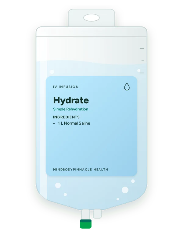 Hydrate IV drip bag label listing 1 L Normal Saline