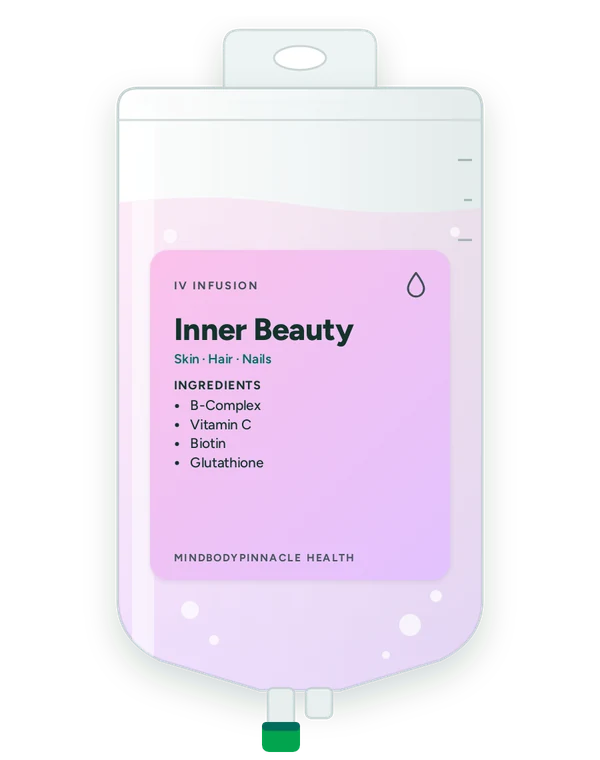 Inner Beauty IV drip bag label listing B-Complex, Vitamin C, Biotin, Glutathione