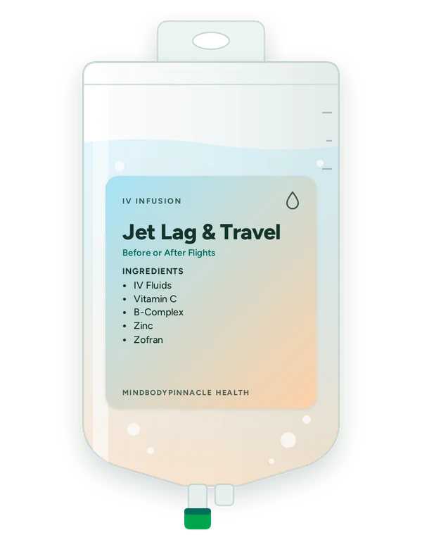 Jet Lag & Travel IV drip bag label listing IV Fluids, Vitamin C, B-Complex, Zinc, Zofran