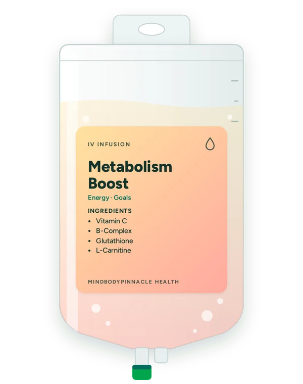 Metabolism Boost IV drip bag label listing Vitamin C, B-Complex, Glutathione, L-Carnitine