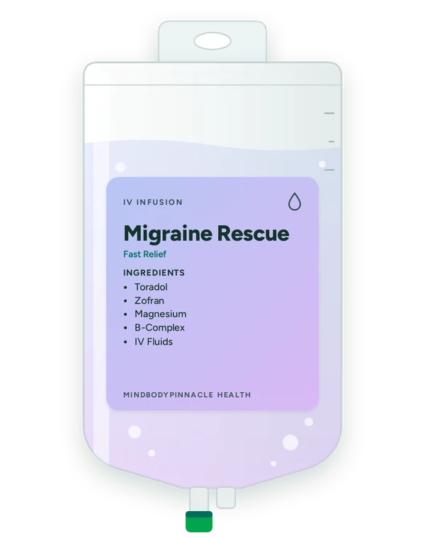 Migraine Rescue IV drip bag label listing Toradol, Zofran, Magnesium, B-Complex, IV Fluids