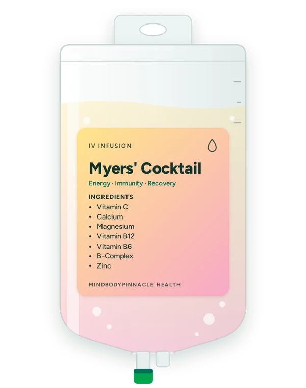 Myers’ Cocktail IV drip bag label listing Vitamin C, Calcium, Magnesium, Vitamin B12, Vitamin B6, B-Complex, Zinc