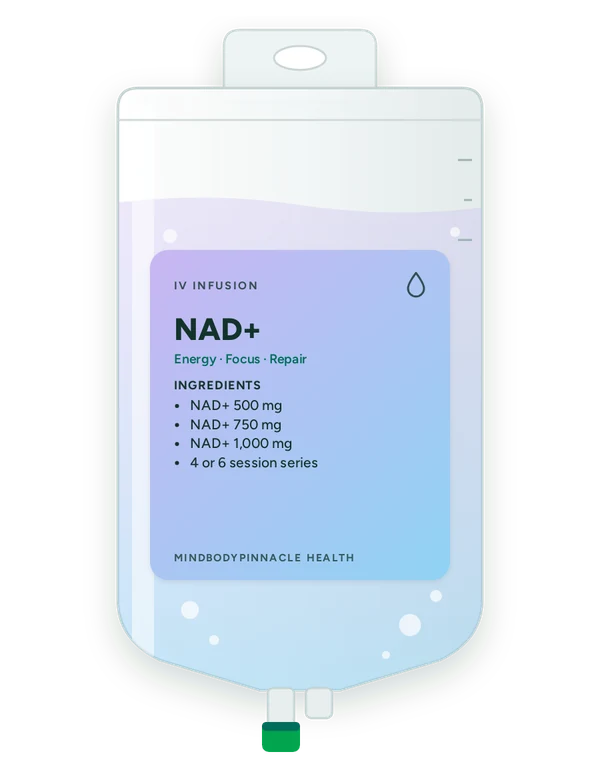 NAD+ IV drip bag label listing NAD+ 500 mg, NAD+ 750 mg, NAD+ 1,000 mg, 4 or 6 session series