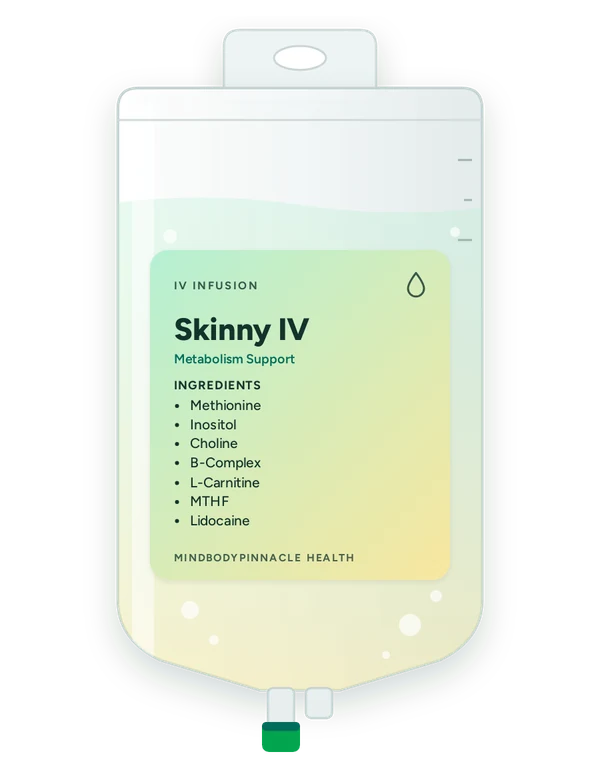 Skinny IV IV drip bag label listing Methionine, Inositol, Choline, B-Complex, L-Carnitine, MTHF, Lidocaine