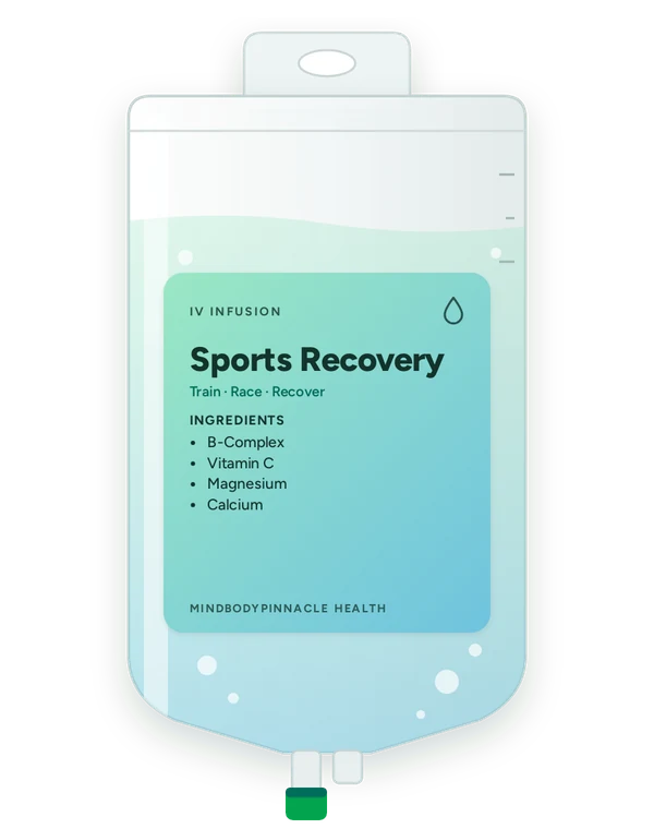 Sports Recovery IV drip bag label listing B-Complex, Vitamin C, Magnesium, Calcium