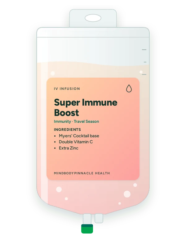 Super Immune Boost IV drip bag label listing Myers’ Cocktail base, Double Vitamin C, Extra Zinc