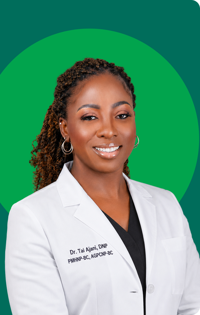 Dr. Tai Ajani, DNP in white coat against green circular background