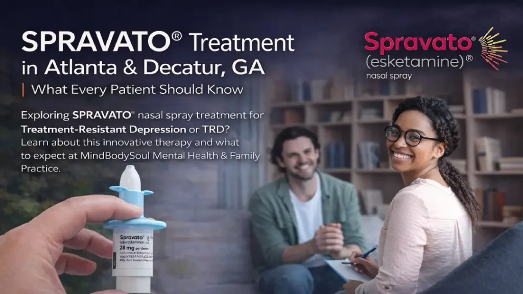 SPRAVATO nasal spray bottle held in hand with couple smiling in background, text reads 'SPRAVATO Treatment in Atlanta & Decatur, GA—What Every Patient Should Know'