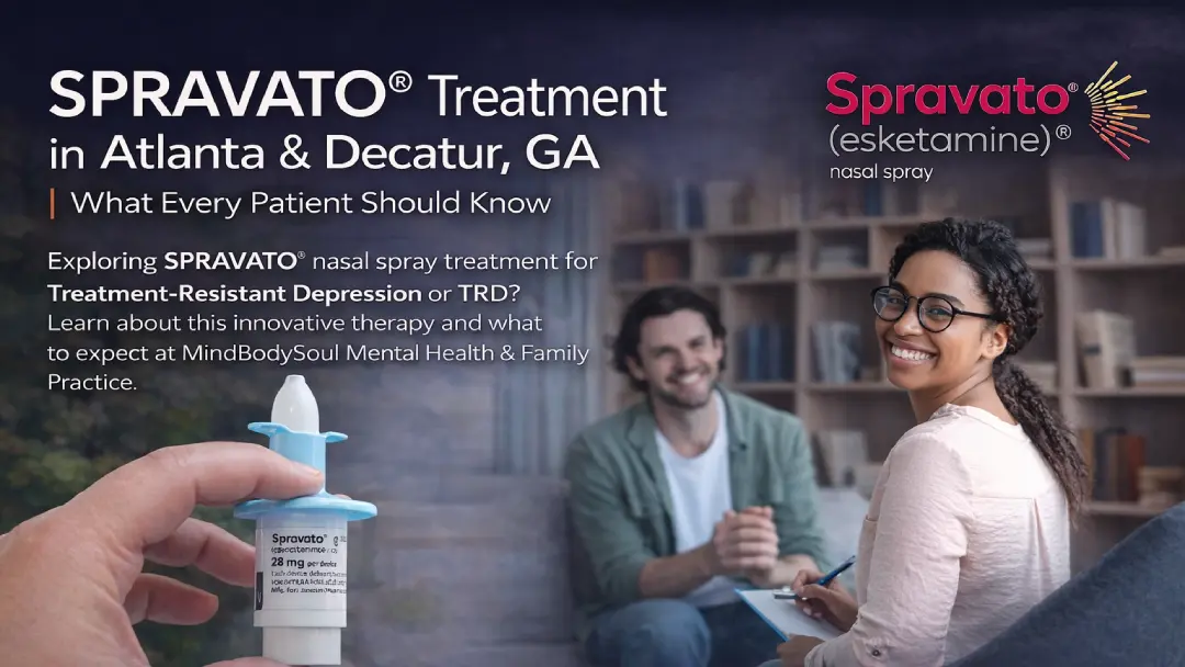 SPRAVATO nasal spray bottle held in hand with couple smiling in background, text reads 'SPRAVATO Treatment in Atlanta & Decatur, GA—What Every Patient Should Know'