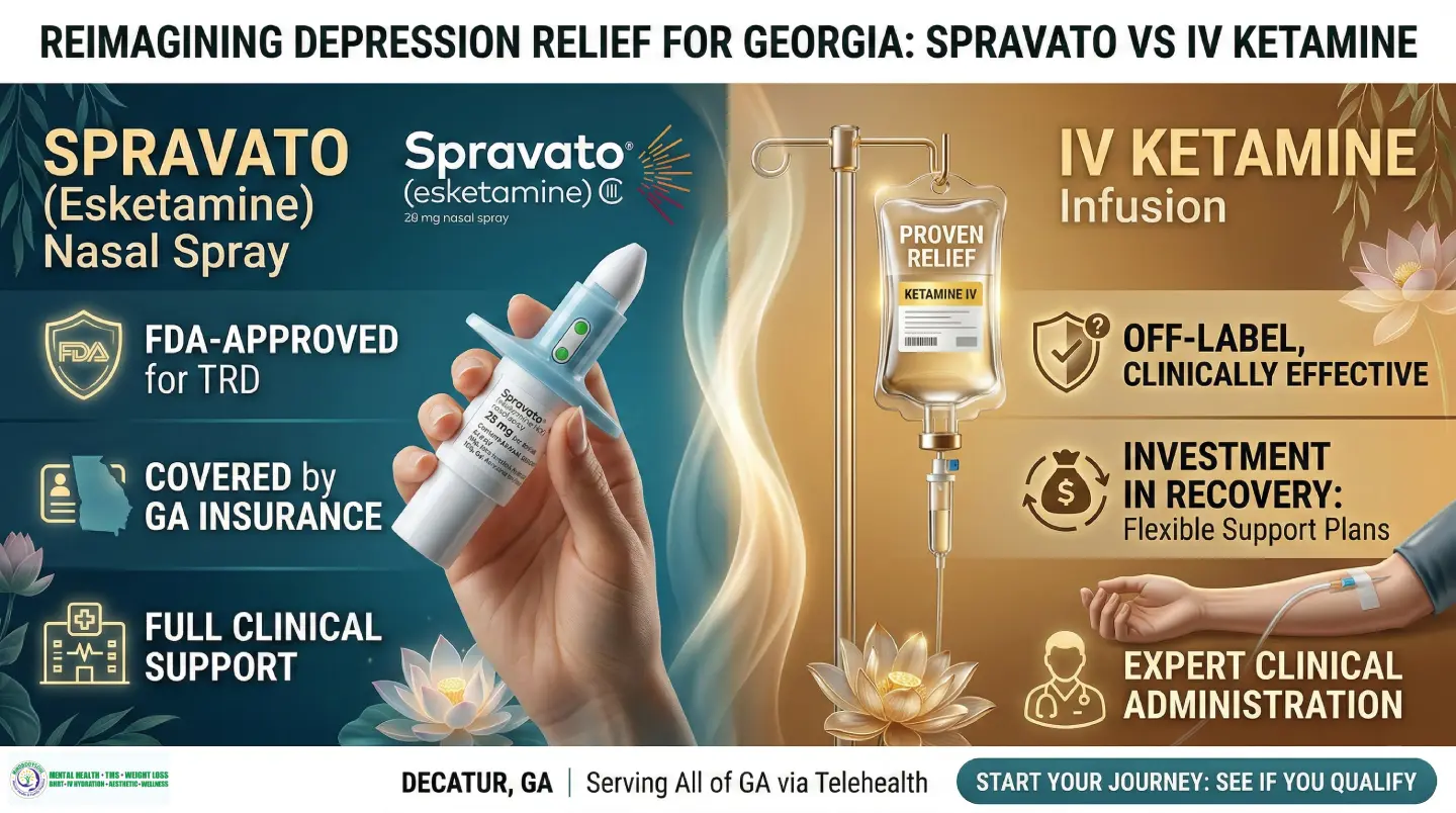 Comparison chart of Spravato nasal spray and IV ketamine infusion treatments, highlighting FDA approval, insurance coverage, and clinical support for depression relief in Georgia