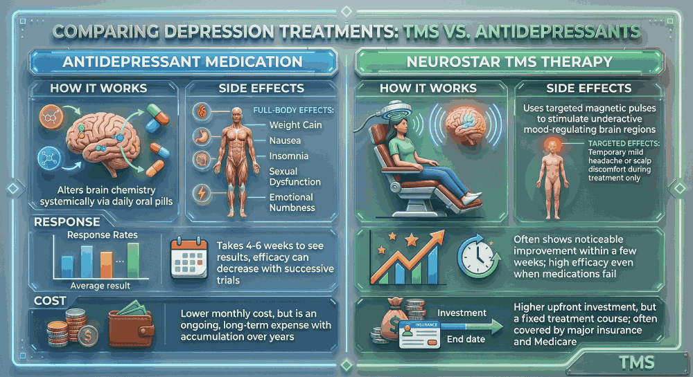 Comparison infographic titled 'Comparing Depression Treatments: TMS vs. Antidepressants' showing how each works, side effects, response rates, and costs