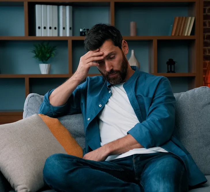 Man sitting on a couch with his head in his hand, looking downward with a troubled expression