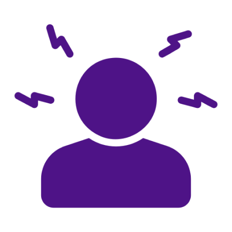 Purple silhouette of a person with four purple lightning bolt symbols radiating around their head indicating mental distress