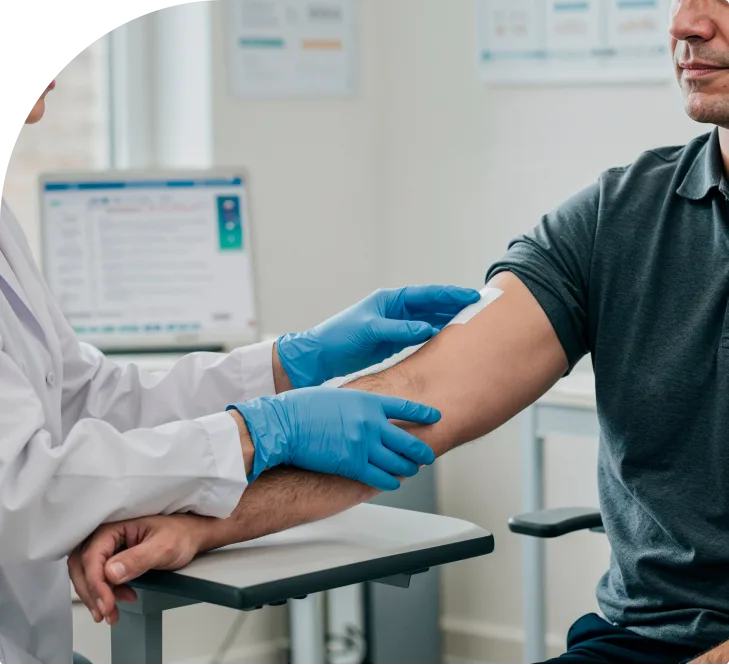 Healthcare provider examining patient's arm during a DOT physical evaluation