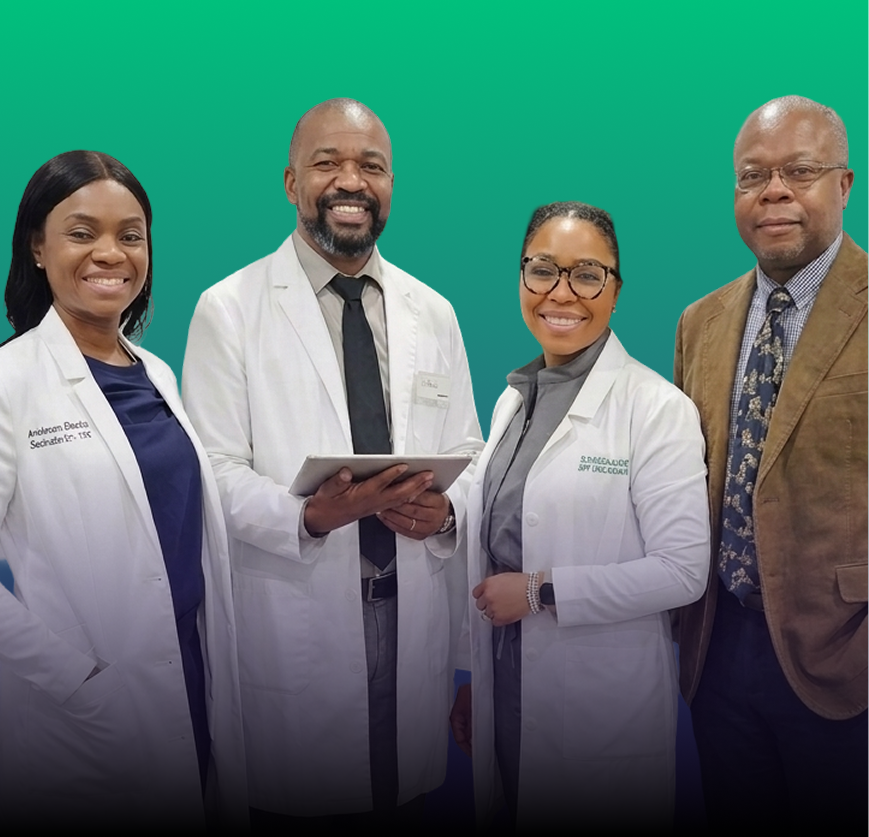 Four healthcare professionals in white coats standing together against a teal background, one holding a tablet
