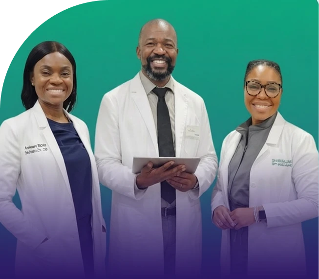 Four healthcare professionals in white coats standing together against a teal background, one holding a tablet