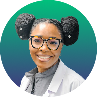 Mental health professional with glasses smiling against teal gradient background