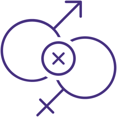 Two overlapping circles with gender symbols and an X in the center circle